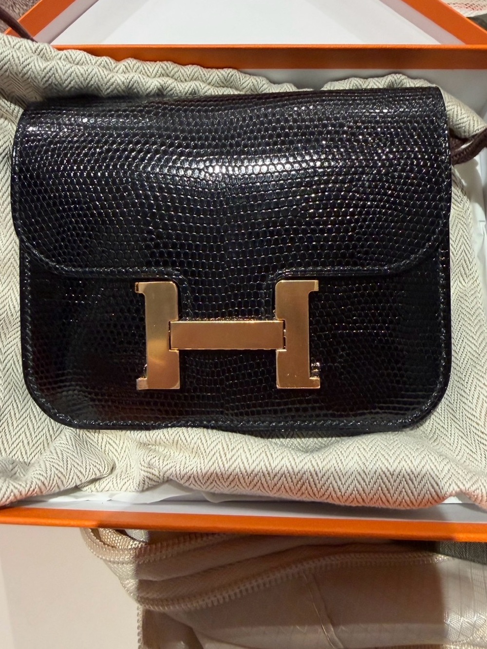 Hermes Constance Slim Wallet Black lizard Shoulder Bag with Rose Gold H Accent